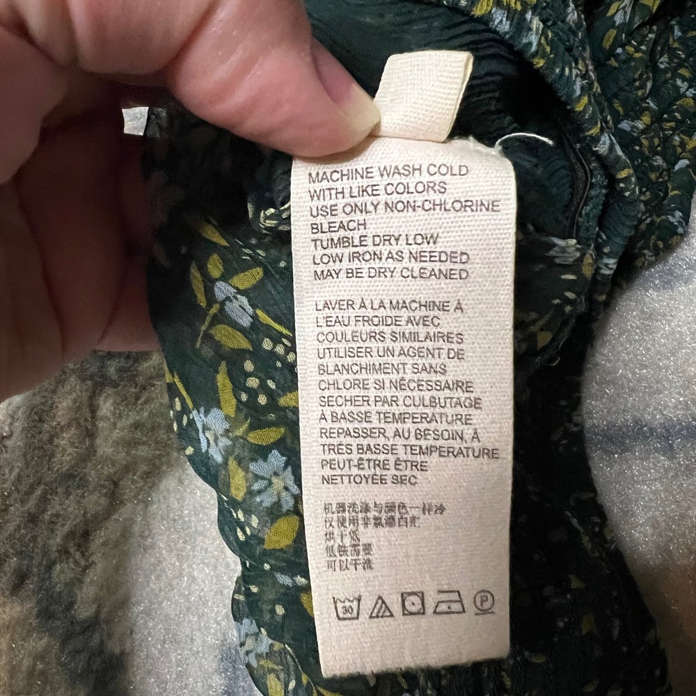 Free People Floral Smocked Crinkle Blouse Green Long Sleeve Ruffle Top XL - Picture 10 of 10